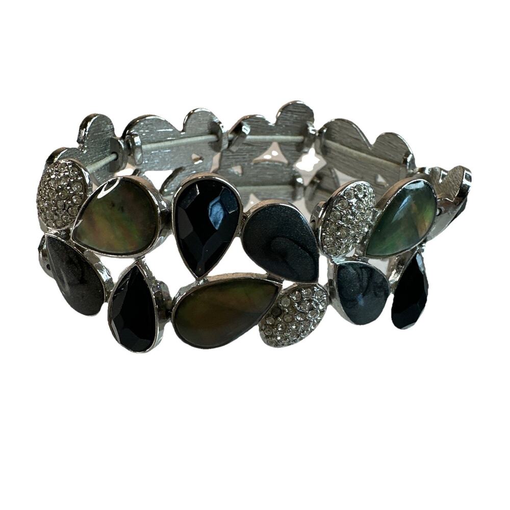 Stretch Bracelet Rhinestone Faceted Bead Silver Tone Boho Costume Jewelry